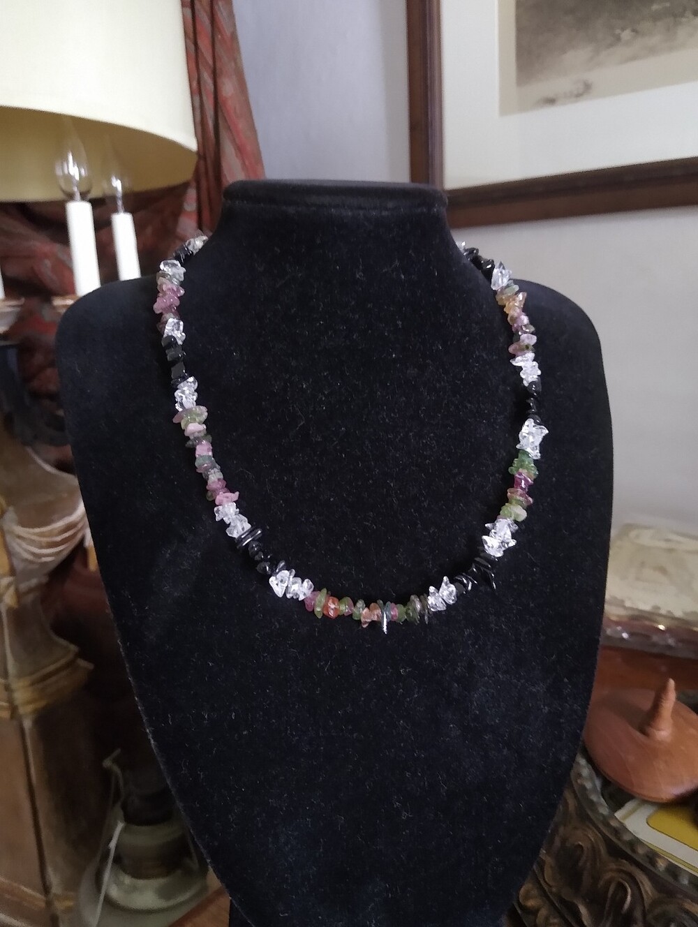 Handmade Black, Brown And Clear Gem Stone Necklace Choker